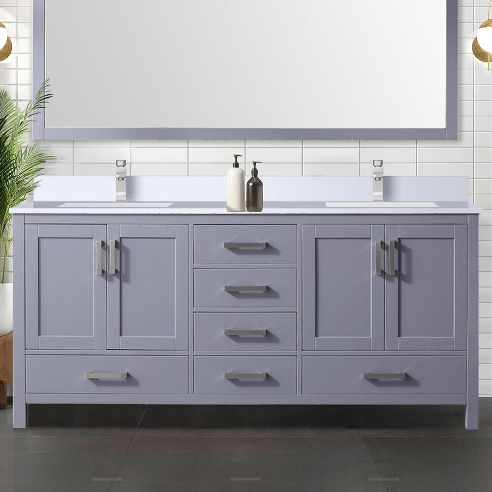 Lexora Home Jacques 72&quot; Double Bathroom Vanity in Dark Grey with 2 cm White Quartz Top and Rectangular Sinks, , large
