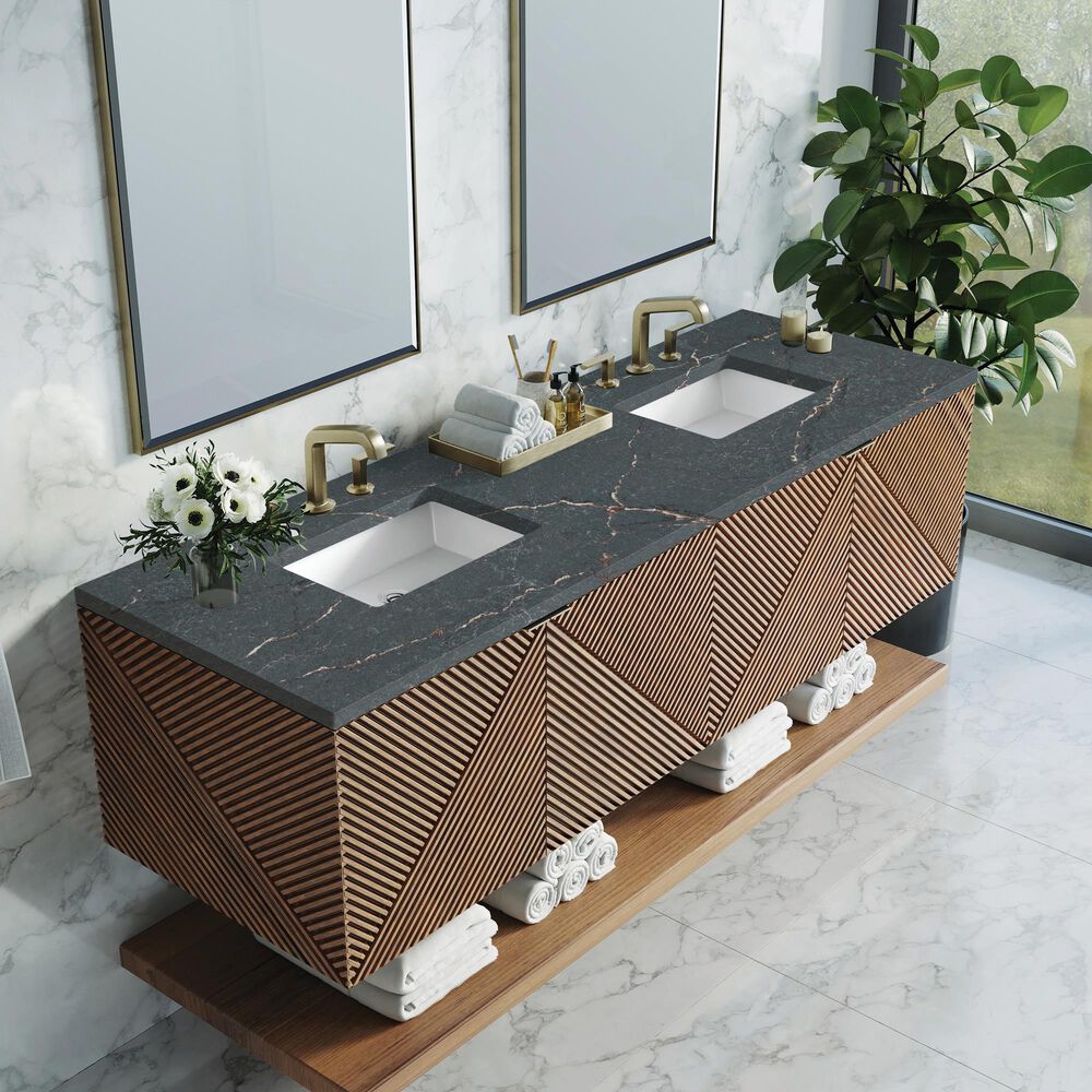James Martin Vanities Marcello 72" Wall Mounted Double Bathroom Vanity in Chestnut with 3 cm Parisien Bleu Quartz Top and Rectangular Sinks, , large