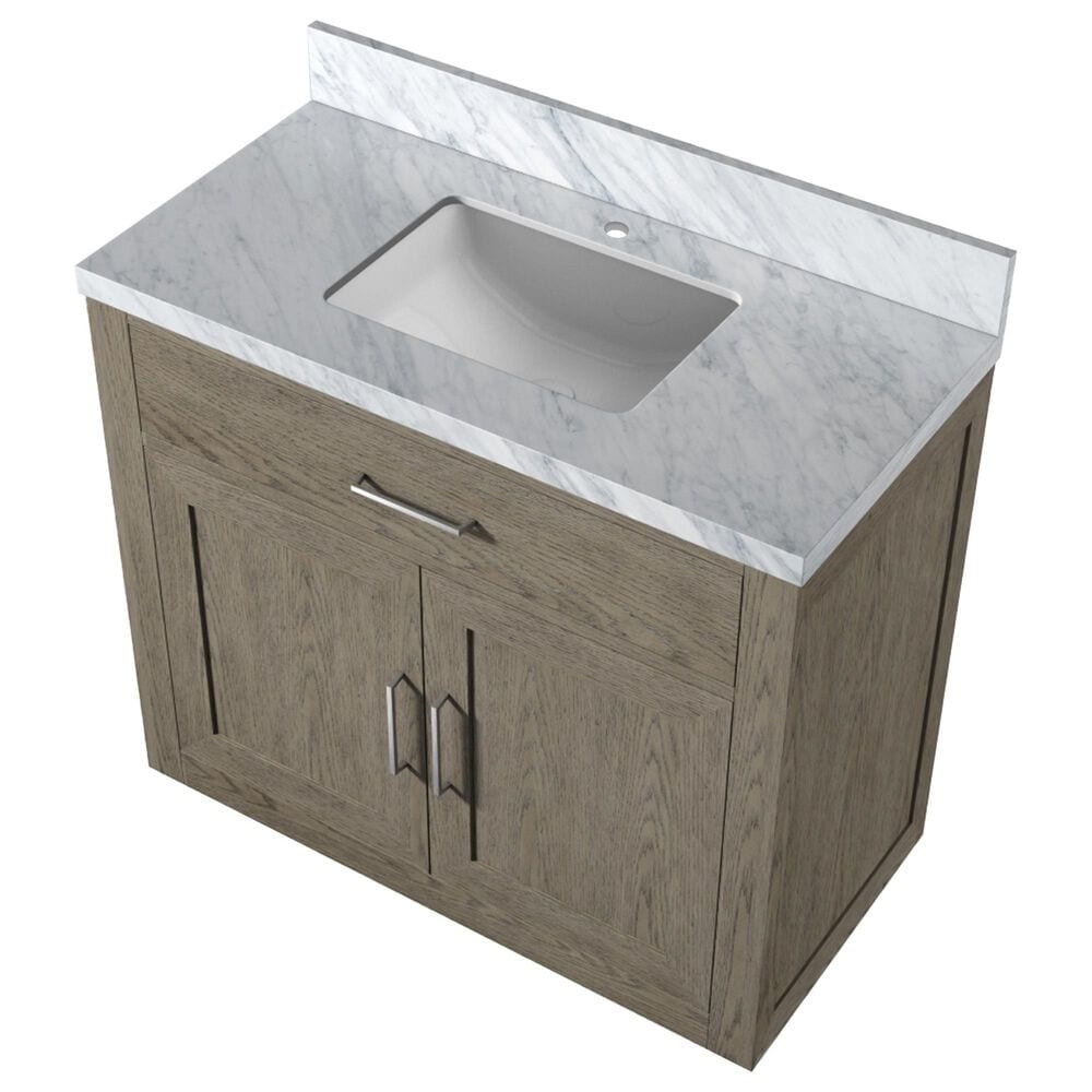 Lexora Home Abbey 36&quot; Single Bathroom Vanity in Grey Oak with 2 cm White Carrara Marble Top and Rectangular Sink, , large