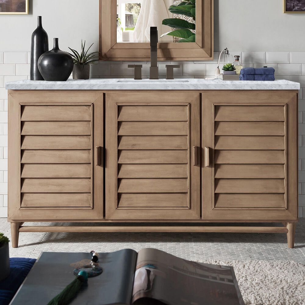 James Martin Vanities Portland 60&quot; Single Bathroom Vanity in Whitewashed Walnut with 3 cm Carrara White Marble Top and Rectangular Sink, , large