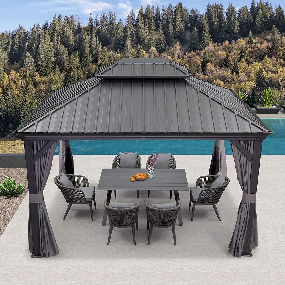 HOMLUX 12-ft x 10-ft Permanent Hardtop Gazebo Gray Gazebo with Hardtop Roof (Screen Included), , large