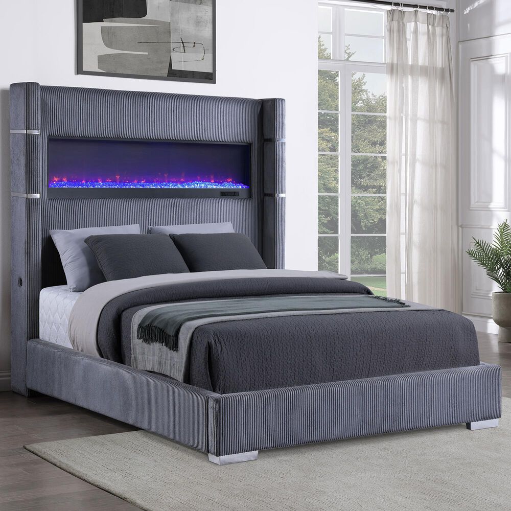 Coaster Tisdall Queen Upholstered Fireplace Bed in Grey, , large