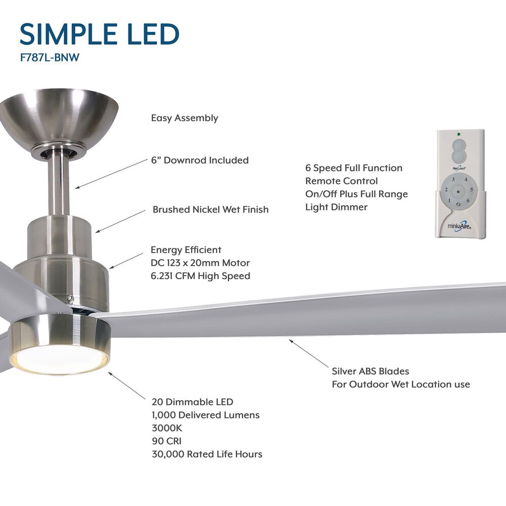 Minka-Aire Simple 52" Indoor/Outdoor Ceiling Fan with LED Light in Brushed Nickel Wet, , large
