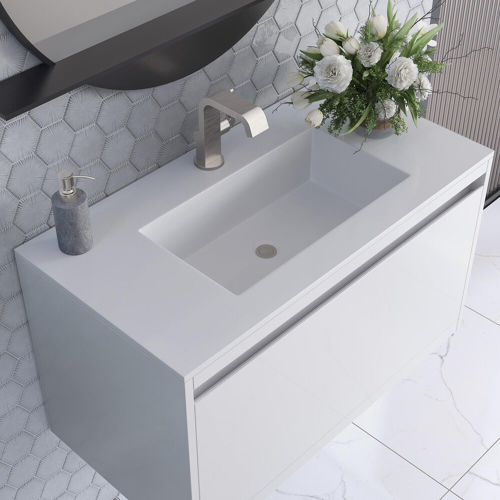 James Martin Mantova 35.4&quot; Single Mounted Bathroom Vanity in Glossy White with 2 cm Glossy White Solid Surface Top and Rectangular Sink, , large