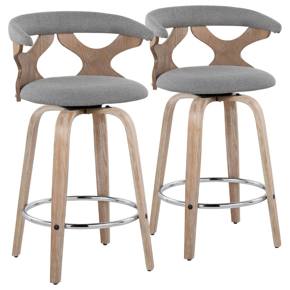 LumiSource Gardenia Swivel Fixed-Height Counter Stool with Light Grey Fabric Upholstery in Chrome and Whitewashed (Set of 2), , large
