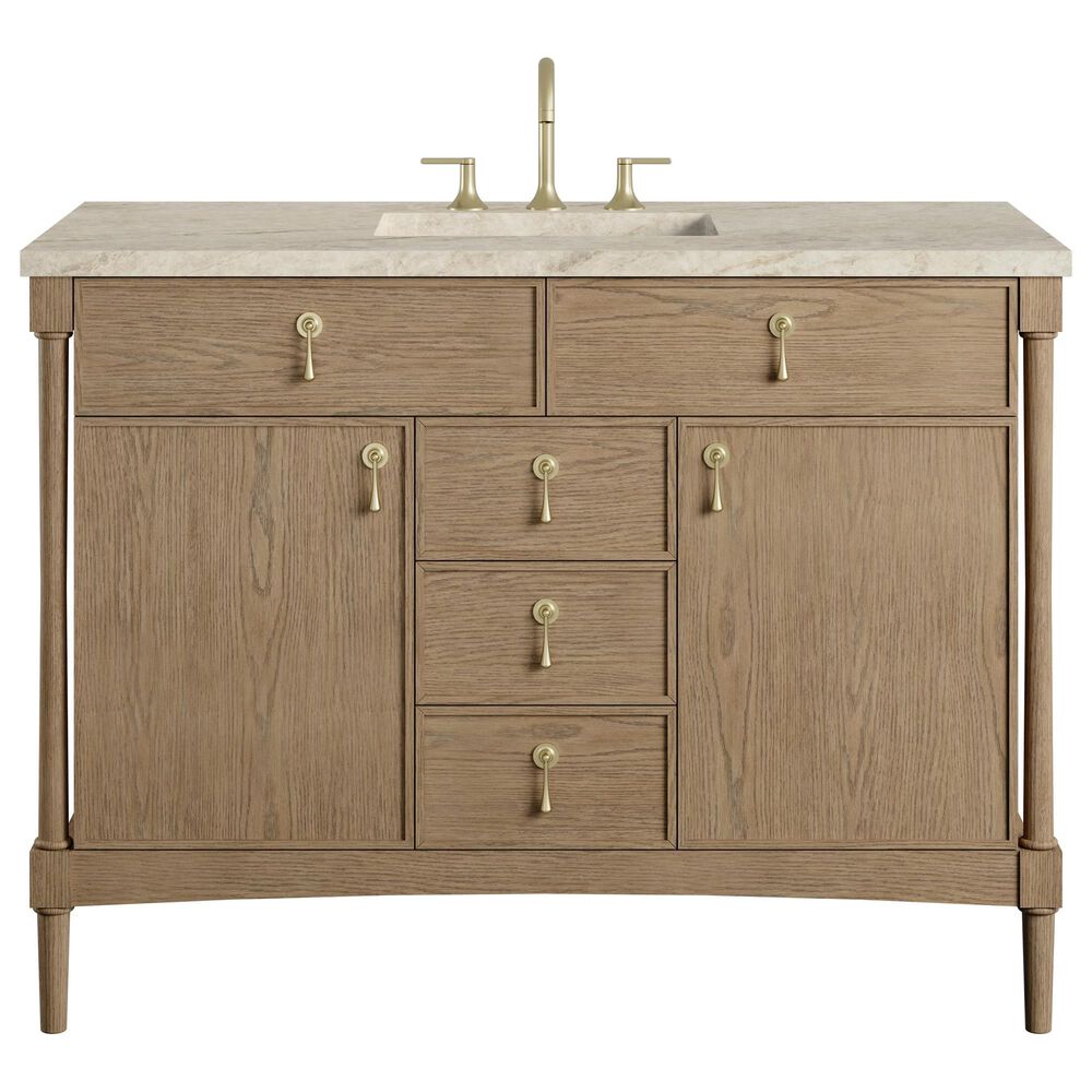 James Martin Kinnsden 48" Single Bathroom Vanity in Weathered Oak with 3 cm Tajnar Eclos Top, Rectangular Sink and FreePower Wireless Charger, , large