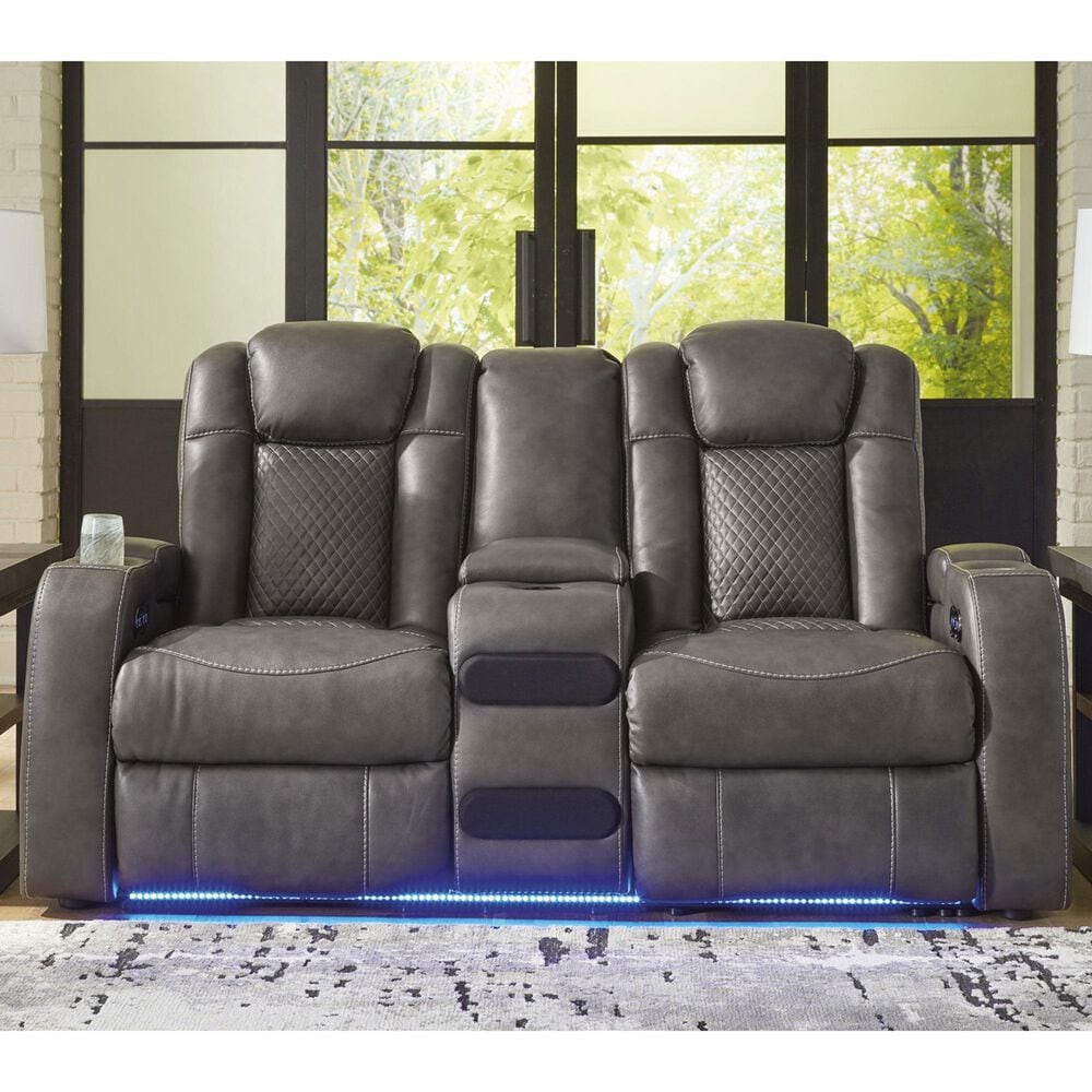 Ashley Fyne-Dyme  Faux Leather Power Reclining Loveseat with Console in Shadow, , large