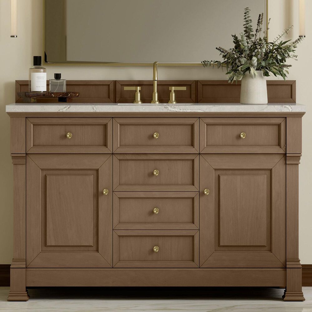 James Martin Vanities Brookfield 60" Single Bathroom Vanity in Pecan with 3 cm Victorian Silver Quartz Top, Rectangle Sink and FreePower Wireless Charger, , large