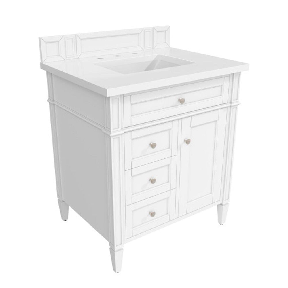 James Martin Brittany 30&quot; Single Bathroom Vanity in Bright White with 3 cm White Zeus Quartz Top and Rectangular Sink, , large