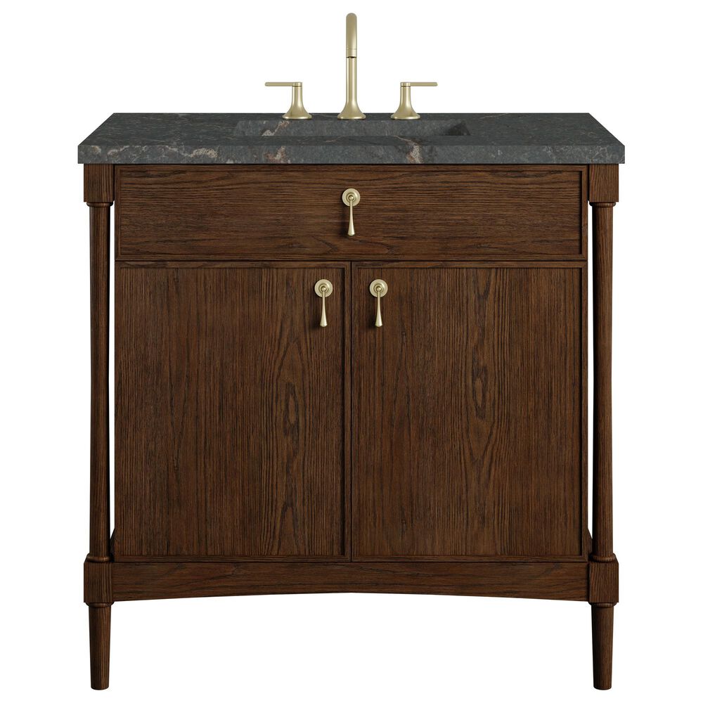 James Martin Kinnsden 36" Single Bathroom Vanity in Sable Oak with 3 cm Parisien Bleu Silestone Top and Rectangular Sink, , large