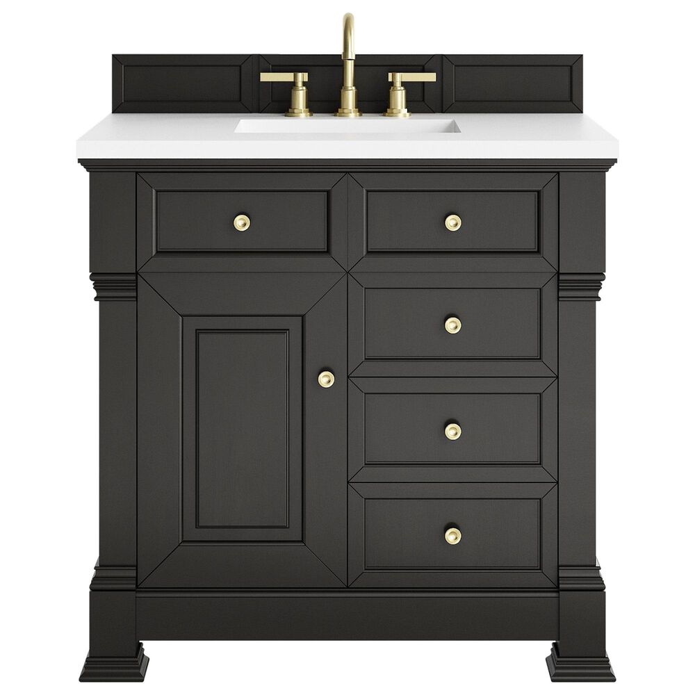 James Martin Vanities Brookfield 36&quot; Single Bathroom Vanity in Black Onyx with 3 cm White Zeus Quartz Top and Rectangular Sink, , large