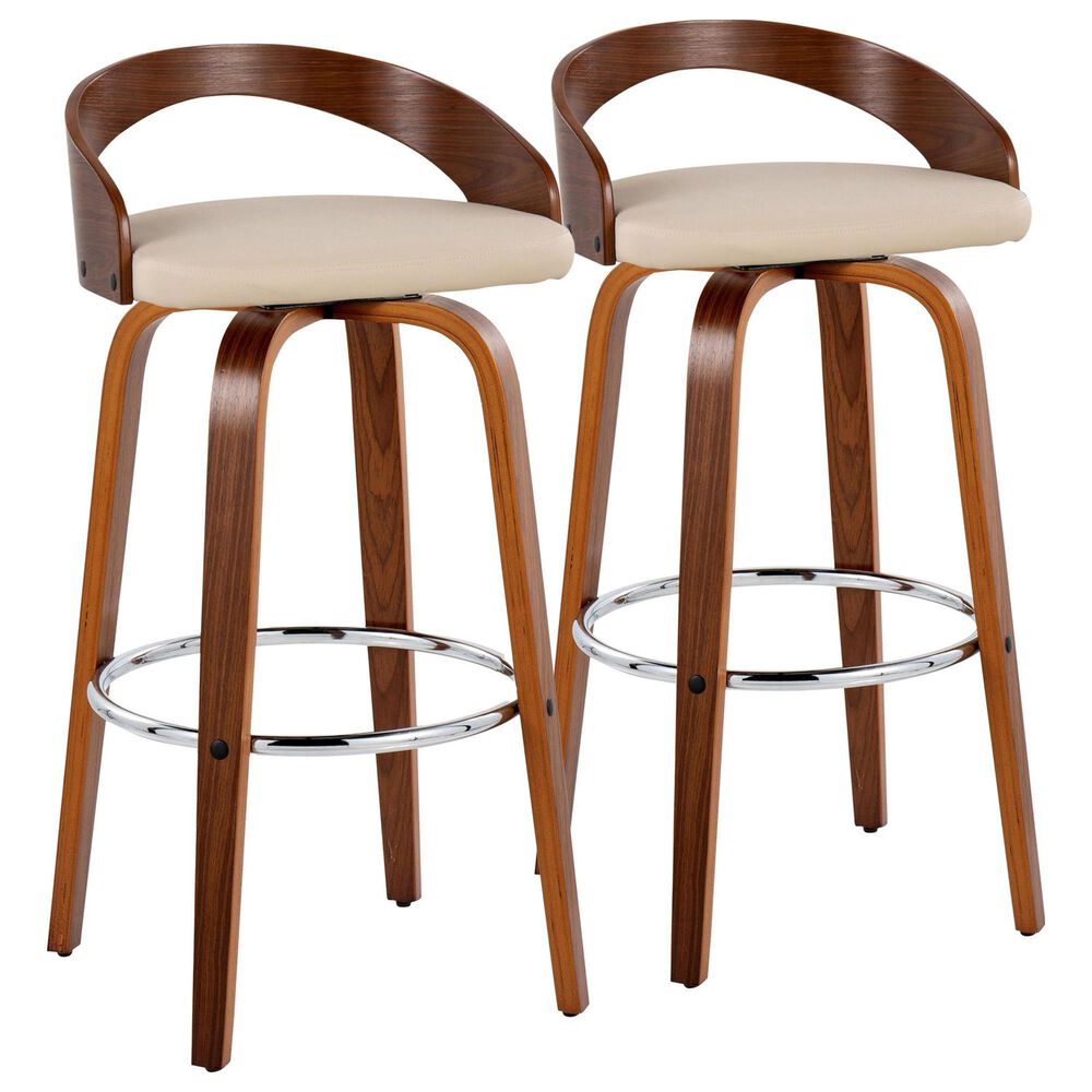 LumiSource Grotto 30" Swivel Barstool with Cream Faux Leather Upholstery in Walnut and Chrome (Set of 2), , large