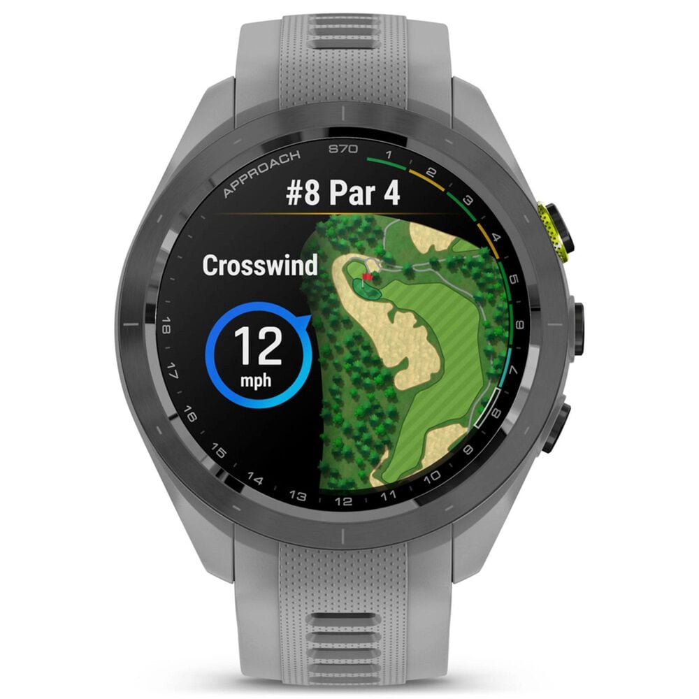 Garmin Approach S70 Smartwatch 41mm Black and Amp Yellow Ceramic Bezel Case with Powder Gray Silicone Band, , large