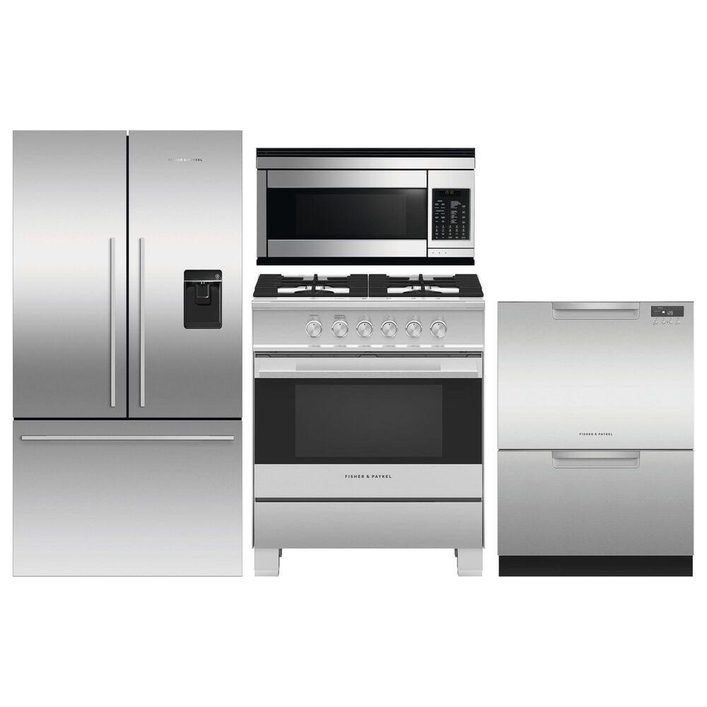 Fisher & Paykel 4 Piece Stainless Steel Kitchen Set with 20.1 Cu. Ft. 3-Door French Door Refrigerator with Ice and Water, 30" Freestanding Gas Range, Built-In 24 Inch Full Console Double DishDrawer with Full Flex Racking, and 30" Over the Range Microwave Oven, , large