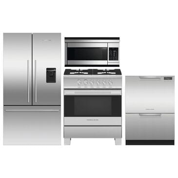 Fisher & Paykel 4 Piece Stainless Steel Kitchen Set with 20.1 Cu. Ft. 3-Door French Door Refrigerator with Ice and Water, 30" Freestanding Gas Range, Built-In 24 Inch Full Console Double DishDrawer with Full Flex Racking, and 30" Over the Range Microwave Oven, , large
