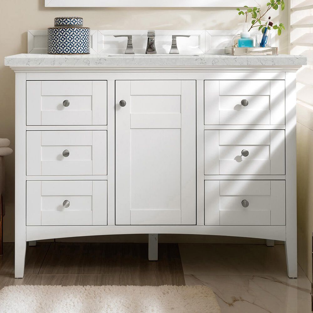 James Martin Vanities Palisades 48&quot; Single Bathroom Vanity in Bright White with 3 cm Eternal Jasmine Pearl Quartz Top and Rectangular Sink, , large