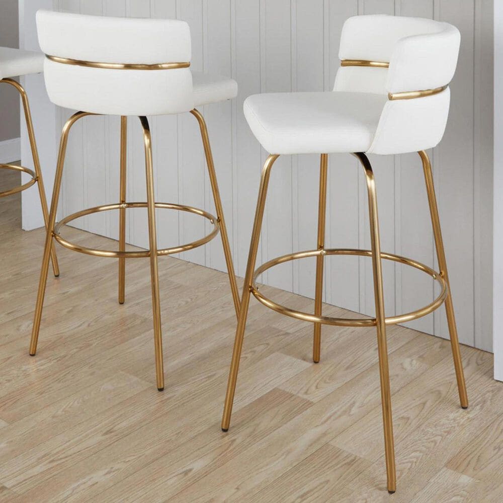 LumiSource Cinch 30" Swivel Barstool with White Upholstery in Gold (Set of 2), , large