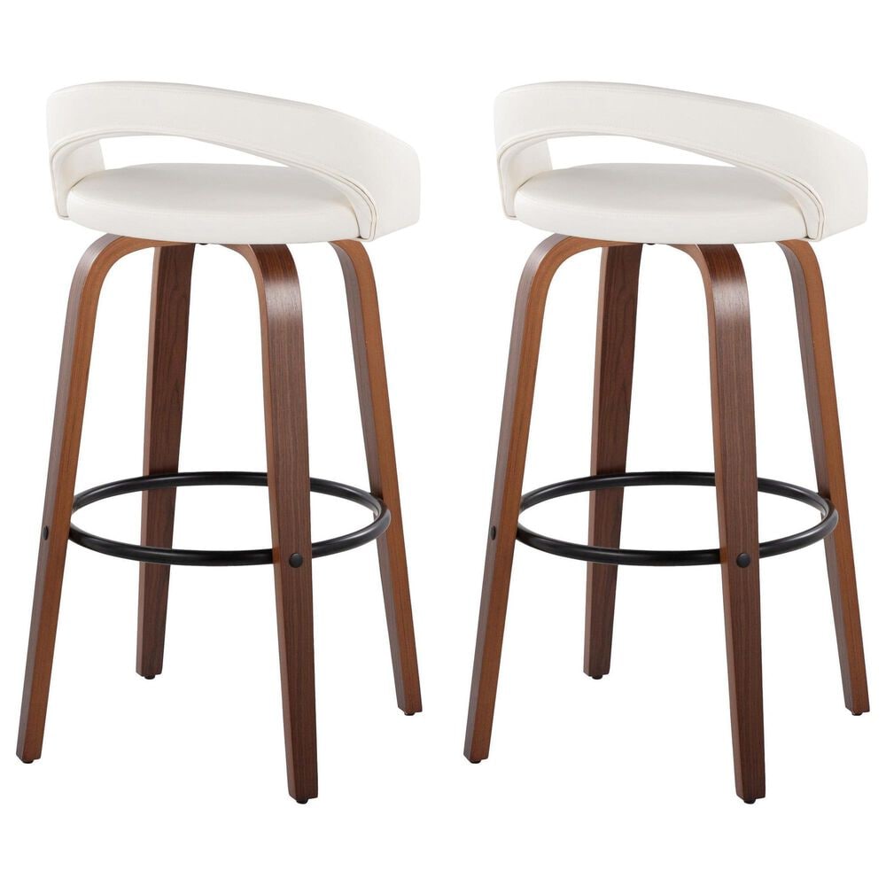 LumiSource Grotto Swivel Bar Stool with White Faux Leather Upholstery in Walnut Wood and Black (Set of 2), , large