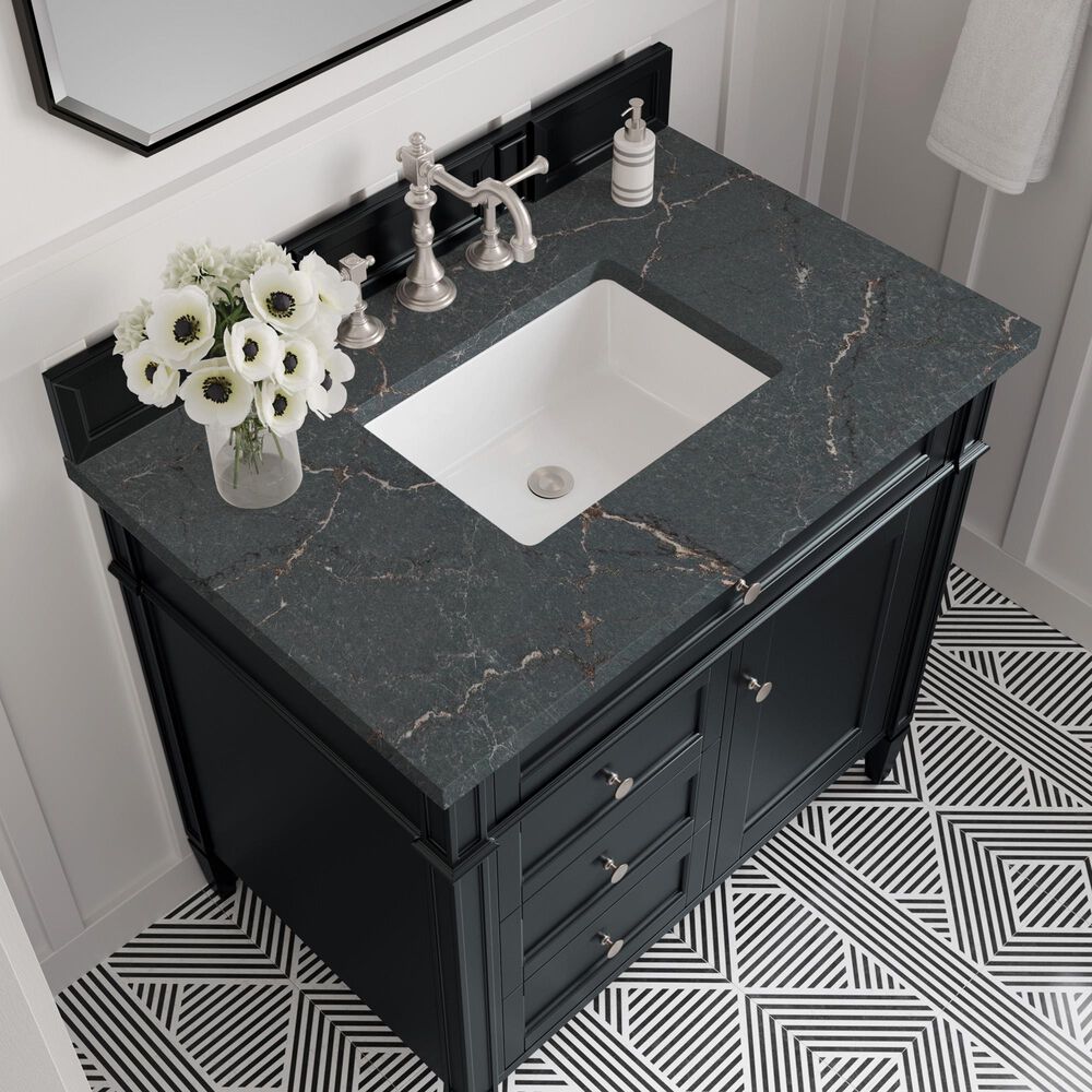 James Martin Vanities Brittany 36" Single Bathroom Vanity in Black Onyx with 3 cm Parisien Bleu Quartz Top and Rectangular Sink, , large