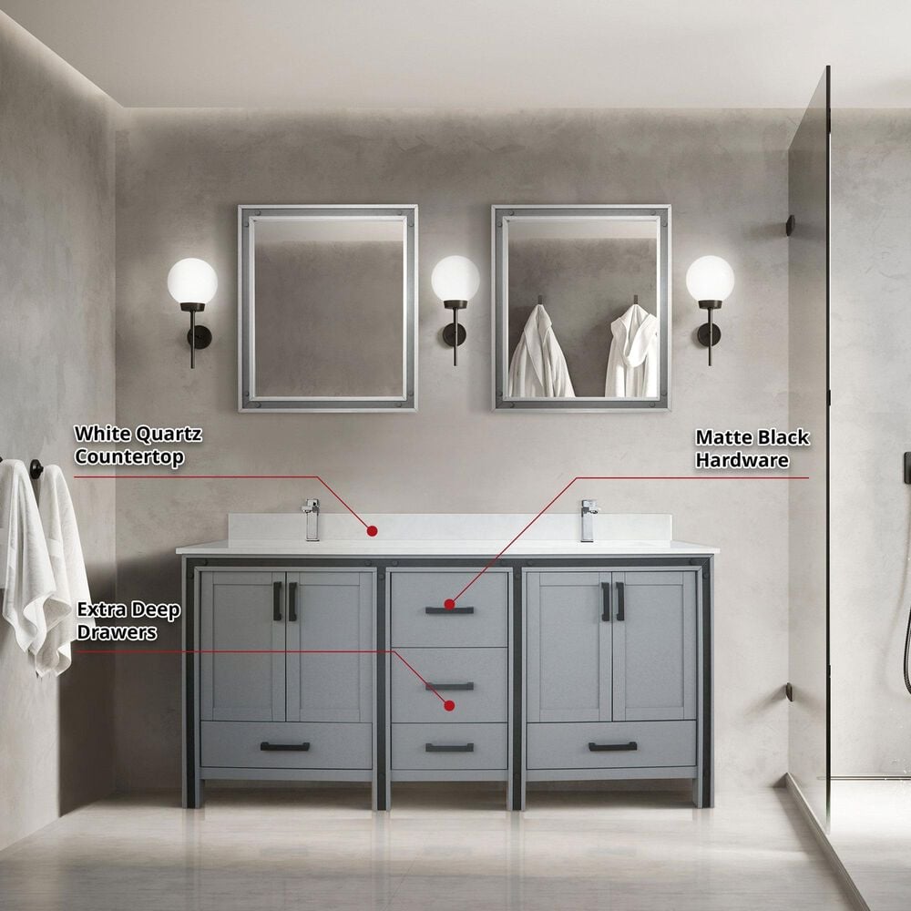 Lexora Home Ziva 72&quot; Double Bathroom Vanity in Dark Grey with 2 cm White Quartz Top and Rectangular Sinks, , large