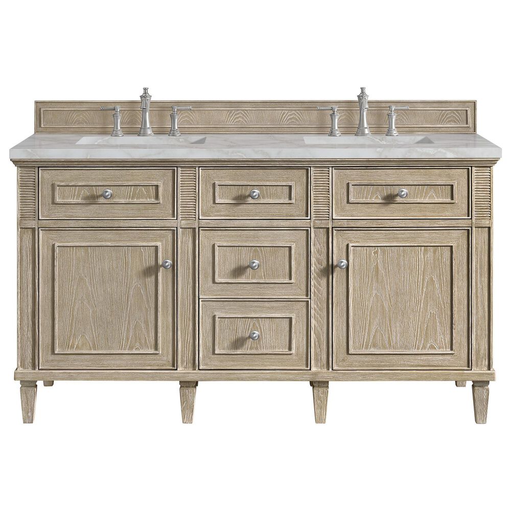 James Martin Vanities Lorelai 60" Double Bathroom Vanity in Whitewashed Oak with 3 cm Eternal Jasmine Pearl Silestone Top, Rectangular Sinks and FreePower Wireless Charger, , large