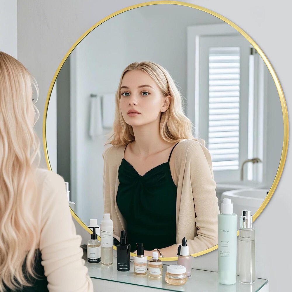 HOMLUX 24" Round Wall Mirror in Gold, , large