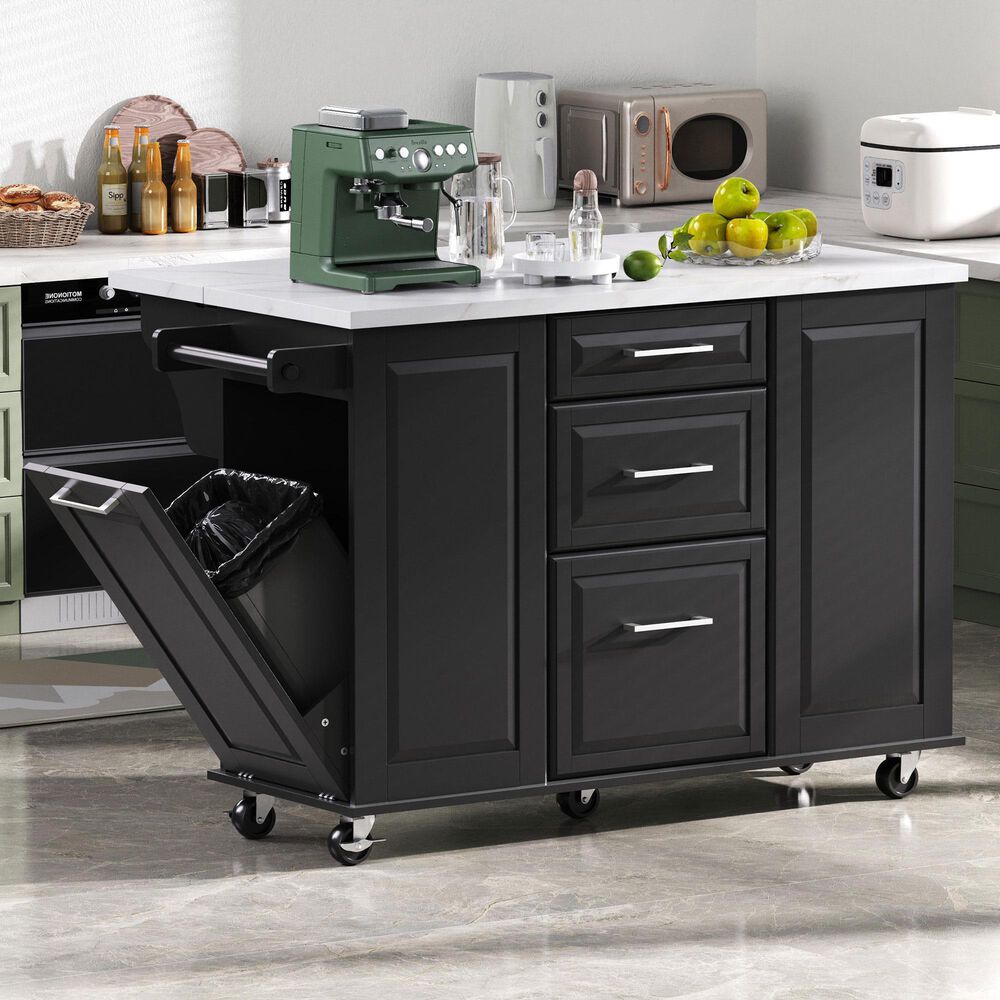 HOMLUX 51" Kitchen Island with Tilt Trash Can Cabinet in Black, , large