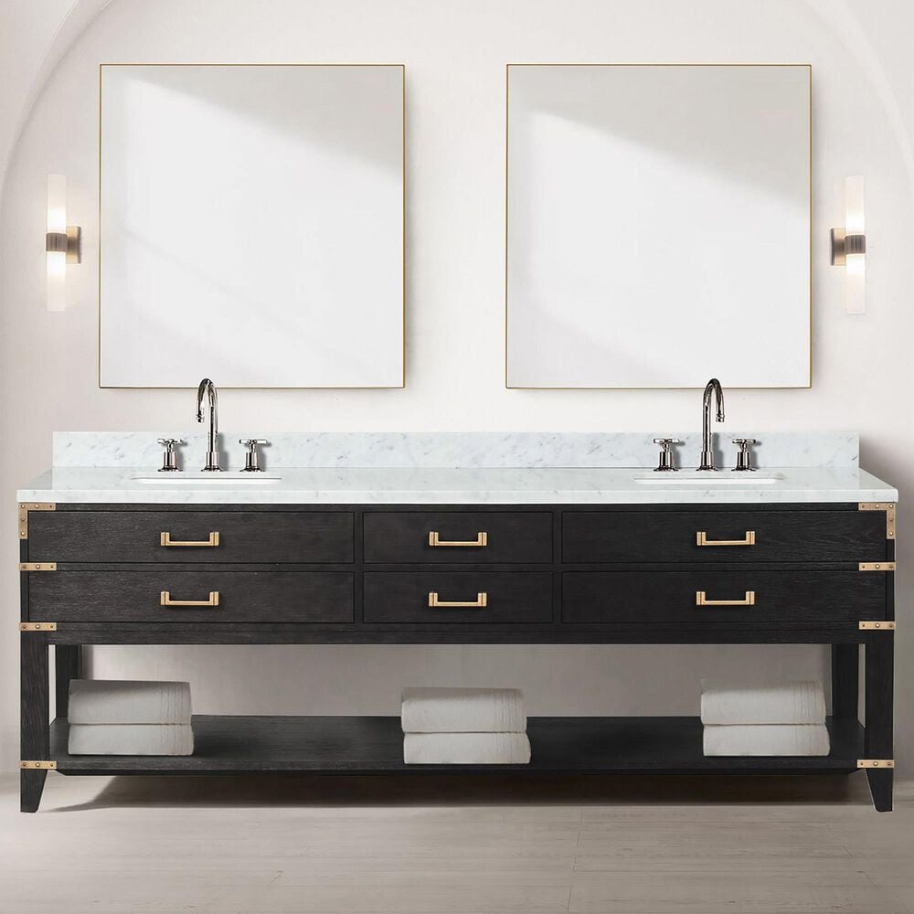 Lexora Home Norwalk 84&quot; Double Bathroom Vanity in Black Oak with White Carrara Marble Top and Rectangular Sinks, , large