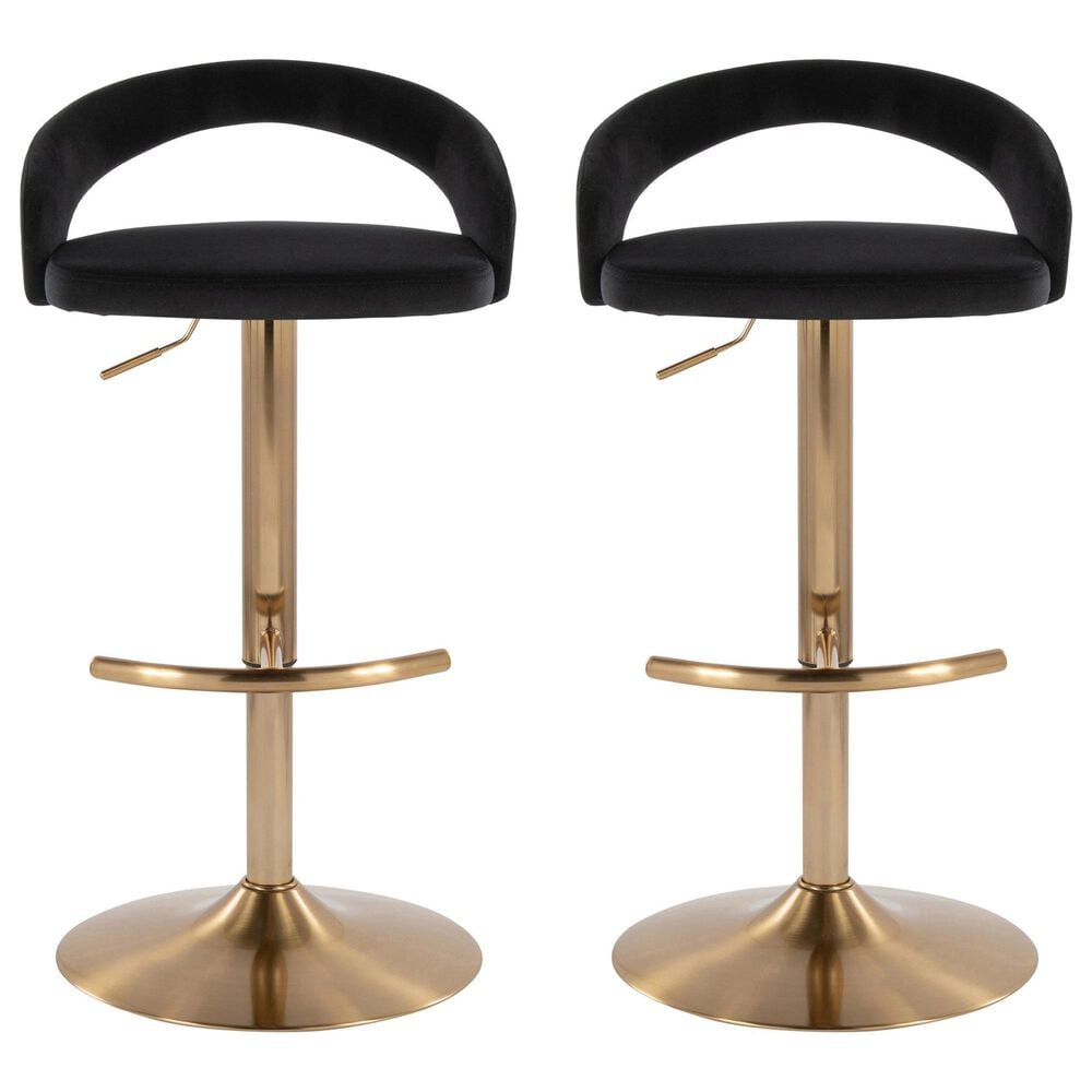 LumiSource Grotto Adjustable Bar Stool with Black Velvet Upholstery in Gold (Set of 2), , large