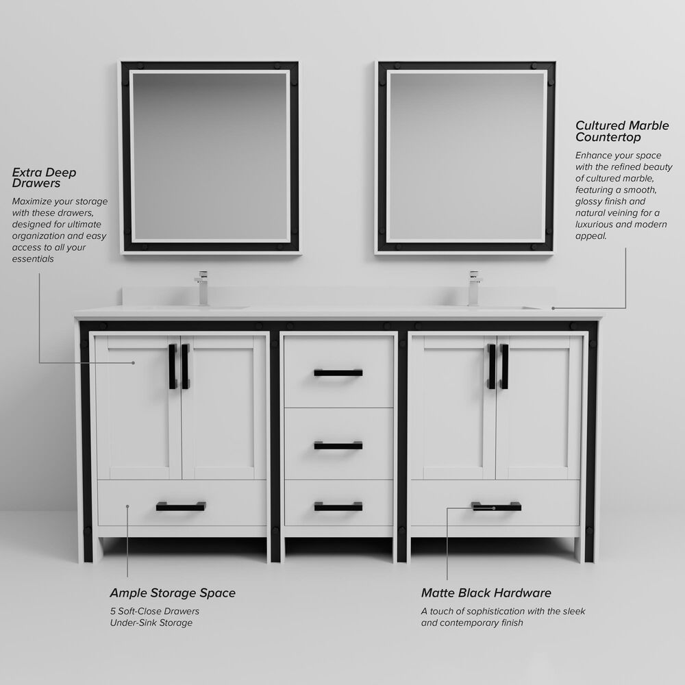 Lexora Home Ziva 72" Double Bathroom Vanity in White with 2 cm White Cultured Marble Top and Rectangular Sinks, , large