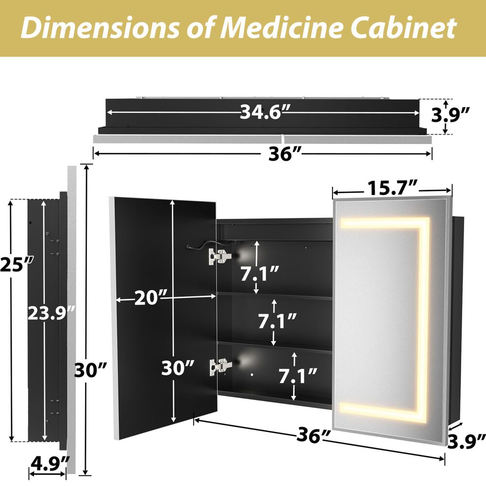 HOMLUX 36" x 30" Bathroom Medicine Cabinet with Mirror in Silver, , large