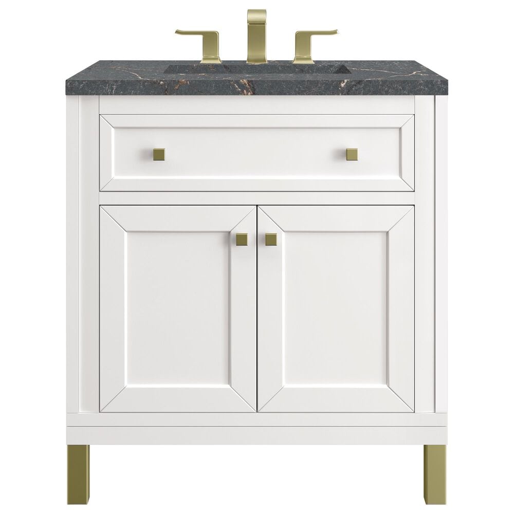 James Martin Vanities Chicago 30&quot; Single Bathroom Vanity in Glossy White with 3 cm Parisien Bleu Quartz Top and Rectangular Sink, , large