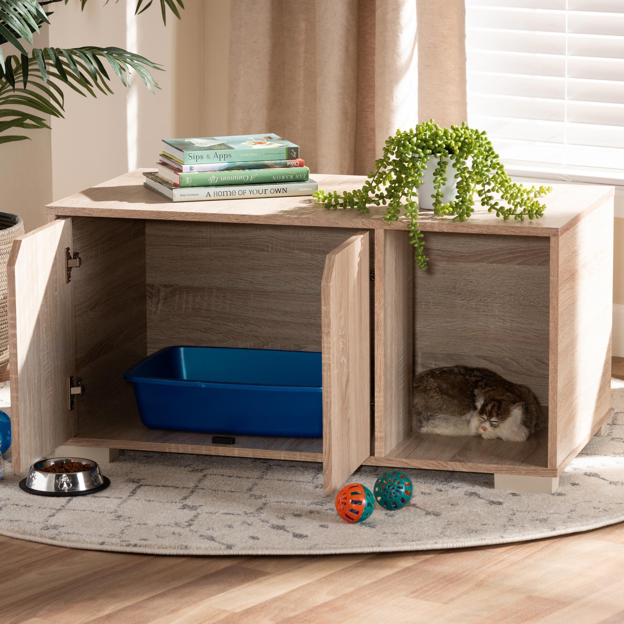 Baxton Studio Jasper 2-Door Cat Litter Box Cover House in Oak