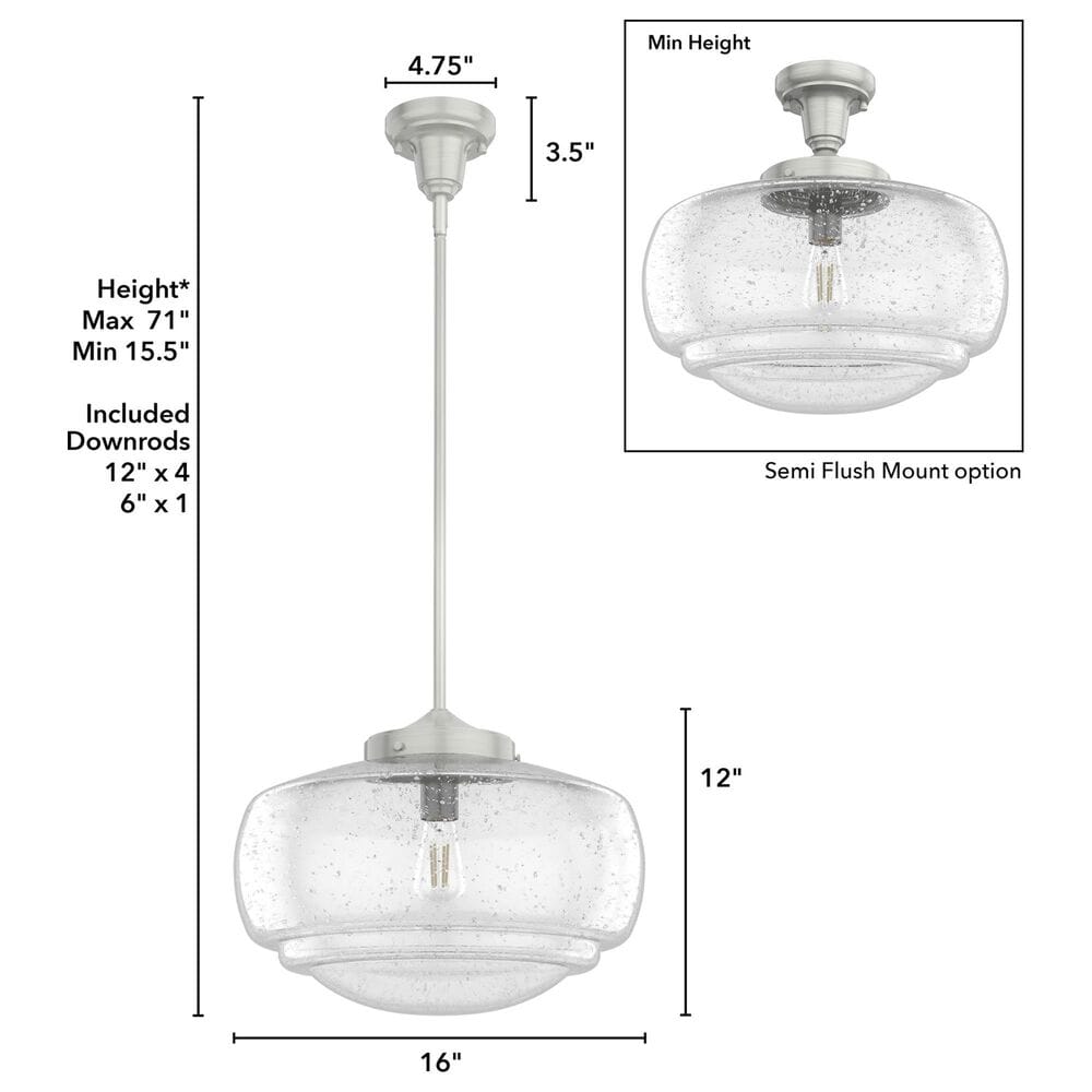 Hunter Saddle Creek 16&quot; 1-Light Pendant with Clear Seeded Shade in Brushed Nickel, , large
