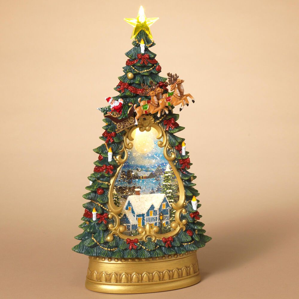 The Gerson Company 13.8&quot;H Battery-Operated Lighted Holiday Scene Spinning Water Globe Christmas Tree in Green, , large