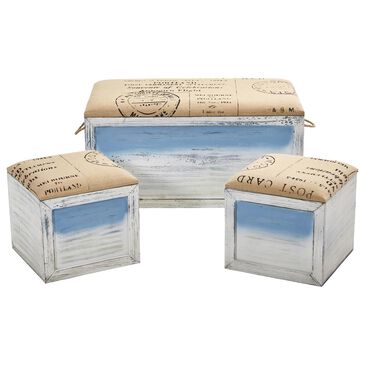 Nearly Natural Inc 3-Piece Storage Bench Set in Blue and White Washed, , large