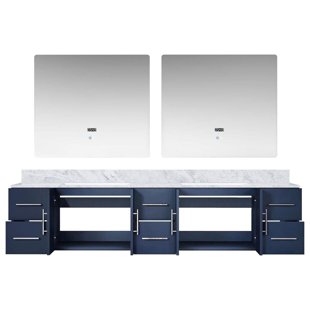 Lexora Home Geneva 84&quot; Double Bathroom Vanity in Navy Blue with 2 cm White Carrara Marble Top, Rectangular Sinks and 36&quot; LED Mirrors, , large