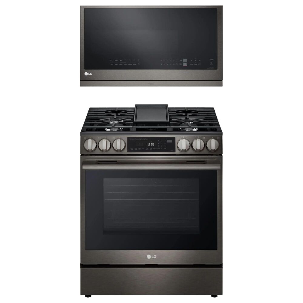LG 2-Piece Kitchen Package with 6.3 Cu. Ft. Smart Slide-In Gas Range and 2.1 Cu. Ft. Smart Over-the-Range Microwave in Black Stainless Steel, , large