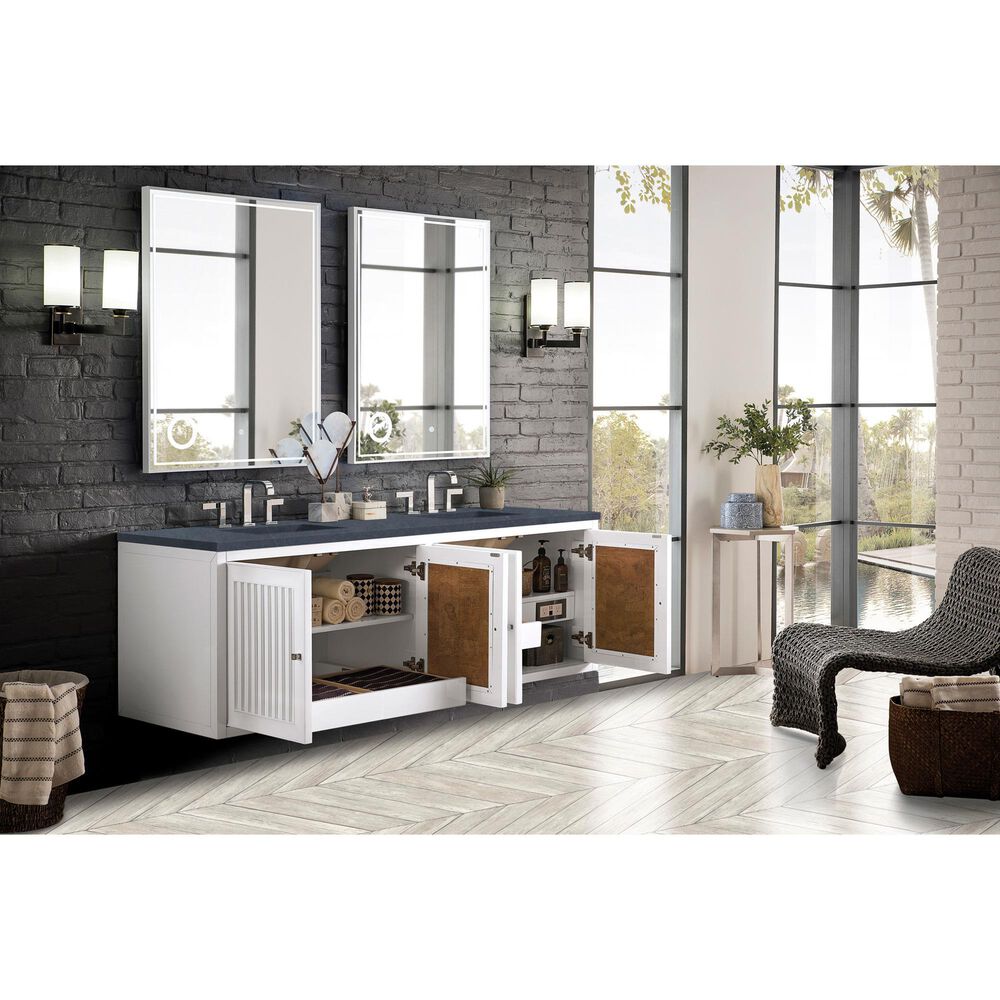James Martin Vanities Athens 72&quot; Double Bathroom Vanity in Glossy White with 3 cm Charcoal Soapstone Quartz Top and Rectangular Sinks, , large