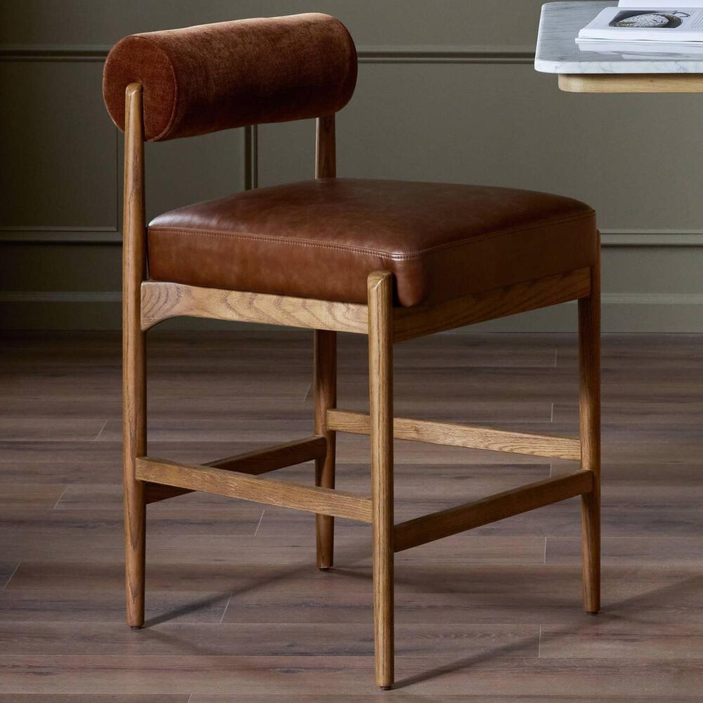 Four Hands Jazelle Counter Stool with Altair Sienna Upholstery in Tan Oak, , large