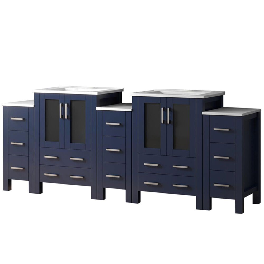 Lexora Home Volez 84&quot; Double Bathroom Vanity in Navy Blue with White Ceramic Top and Rectangular Sinks, , large
