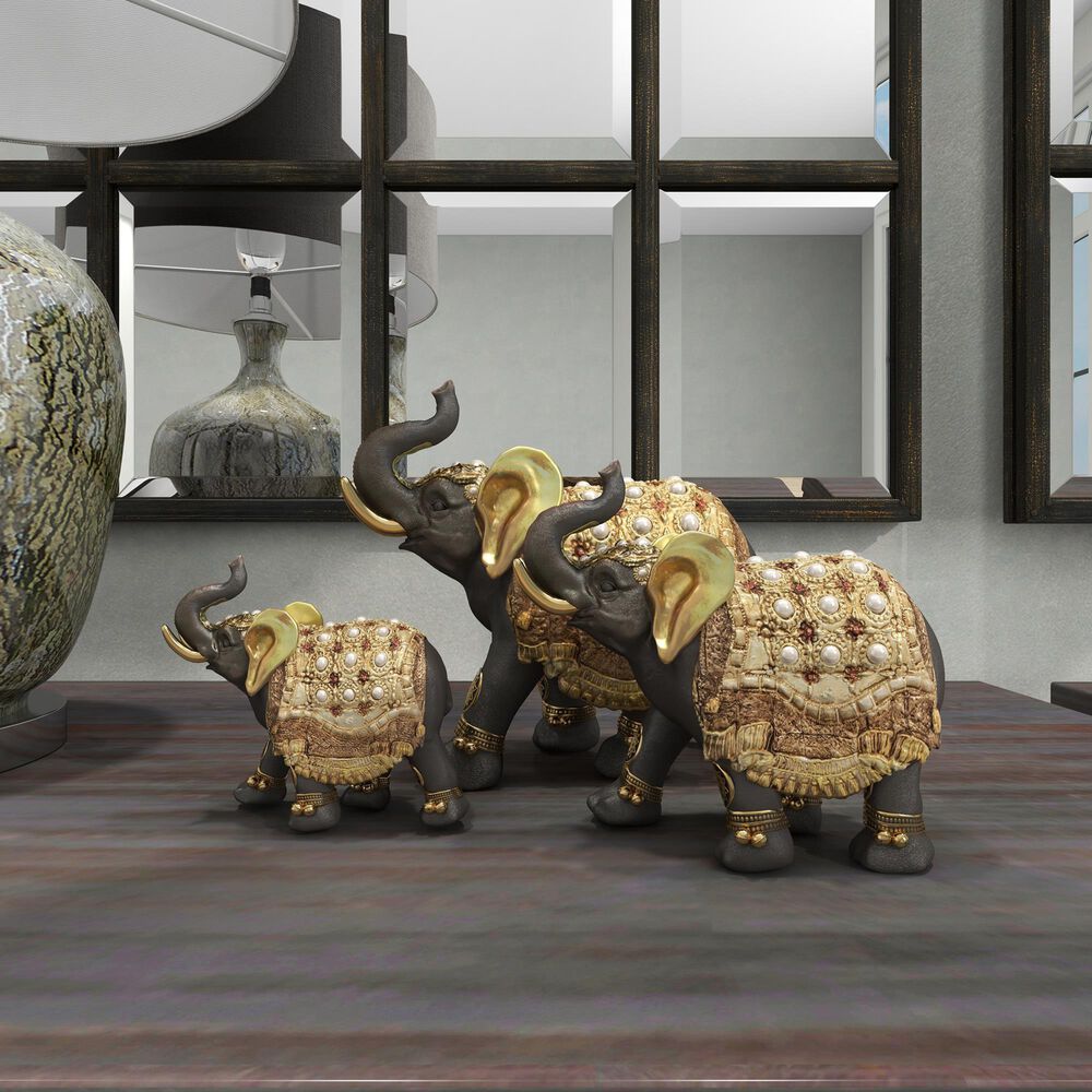 Maple and Jade Eclectic Elephant Sculpture in Gold &#40;Set of 3&#41;, , large