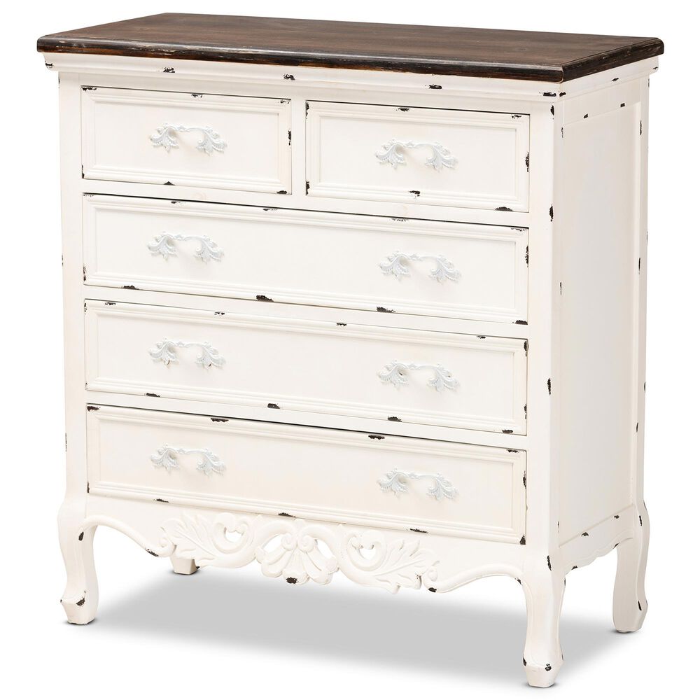 Baxton Studio Levron 5-Drawer Storage Cabinet in Walnut Brown and Antique White, , large