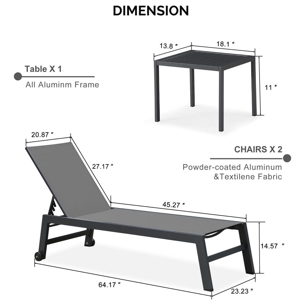 HOMLUX 3-Piece Patio Chaise Lounge Set with Wheels in Grey, , large