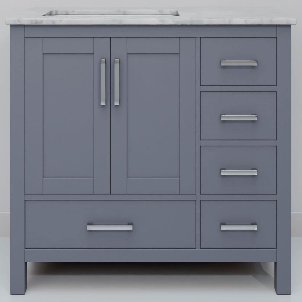 Lexora Home Jacques 36" Left Offset Single Bathroom Vanity in Dark Grey with 2 cm White Carrara Marble Top and Rectangular Sink, , large