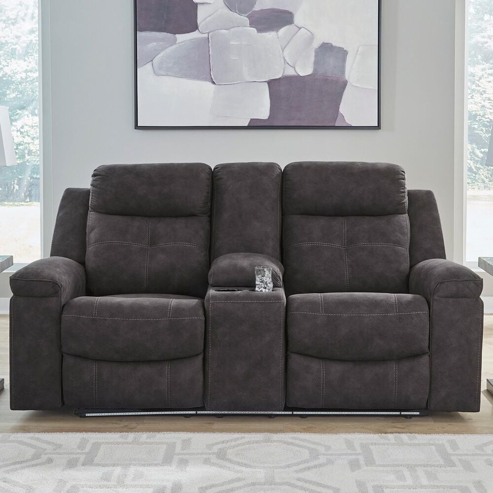 Ashley Brysonview Manual Double Reclining Loveseat with Console in Charcoal, , large