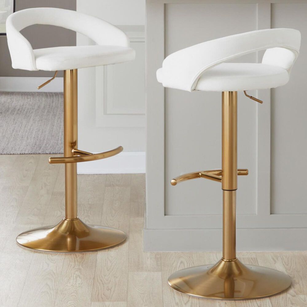 LumiSource Grotto Adjustable Bar Stool with White Velvet Upholstery in Gold (Set of 2), , large