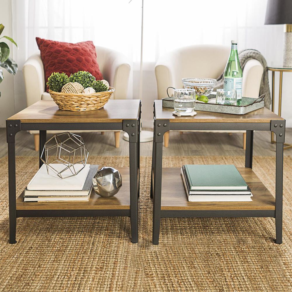 Walker Edison Angle Iron Rustic End Table in Rustic Oak (Set of 2), , large