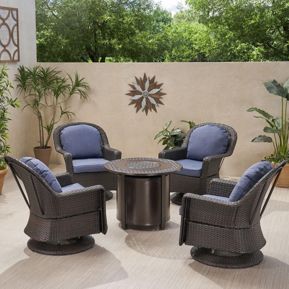 Noble House Liam 5-Piece Round Fire Pit Chat Set in Dark Brown and Hammered Bronze, , large