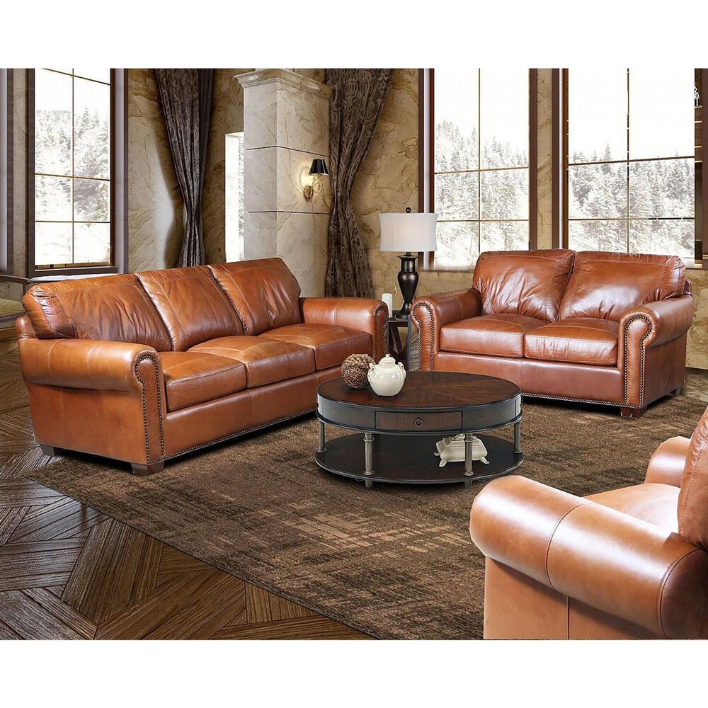 Marlowe Home Stationary Leather Sofa and Loveseat Set in Saddle Glove, , large